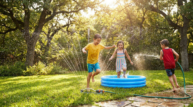 Trois enfants jouent joyeusement dans un jardin avec une pataugeoire et un arroseur automatique sous un soleil radieux.