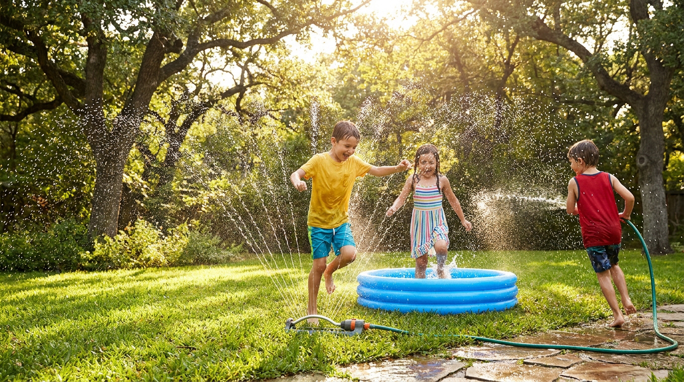 Trois enfants jouent joyeusement dans un jardin avec une pataugeoire et un arroseur automatique sous un soleil radieux.