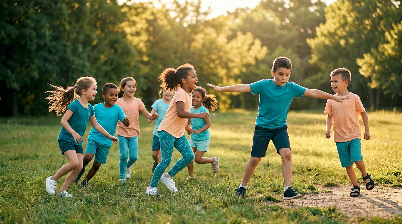 Un groupe d'enfants divers et joyeux court et joue dans un parc ensoleillé.