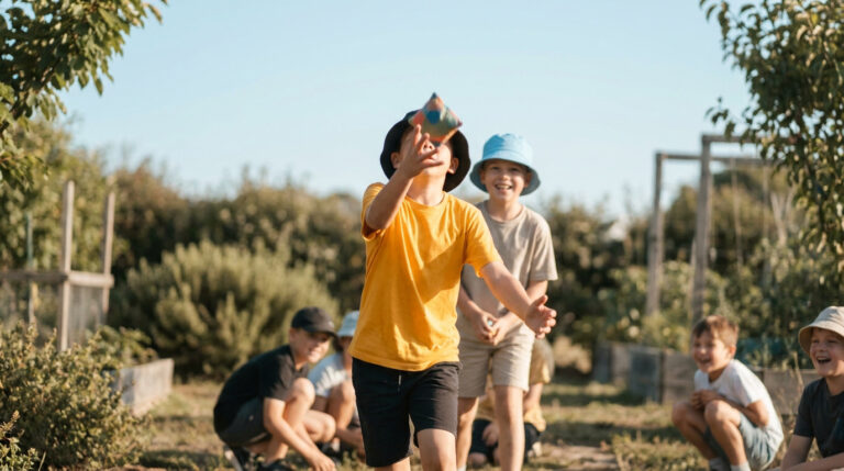Groupe d'enfants jouant à lancer des sacs de grains dans un jardin ensoleillé lors d'un anniversaire.