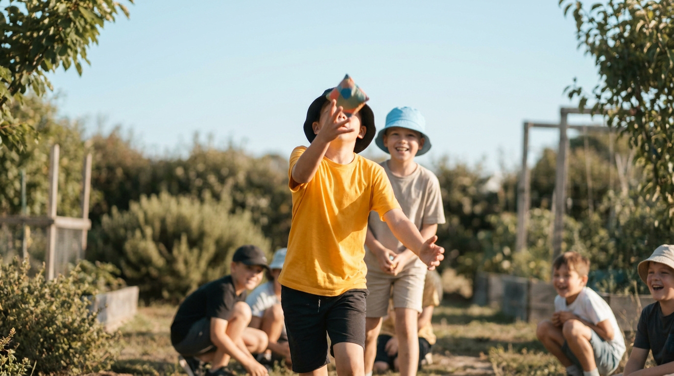 Groupe d'enfants jouant à lancer des sacs de grains dans un jardin ensoleillé lors d'un anniversaire.