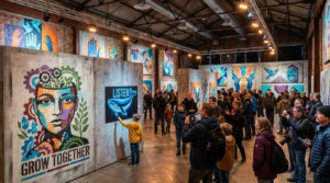 Des visiteurs admirent des œuvres d'art urbain colorées dans un grand espace industriel lors de l'exposition House of Banksy.