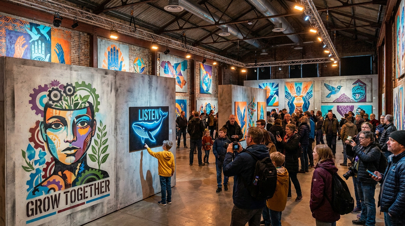 Des visiteurs admirent des œuvres d'art urbain colorées dans un grand espace industriel lors de l'exposition House of Banksy.