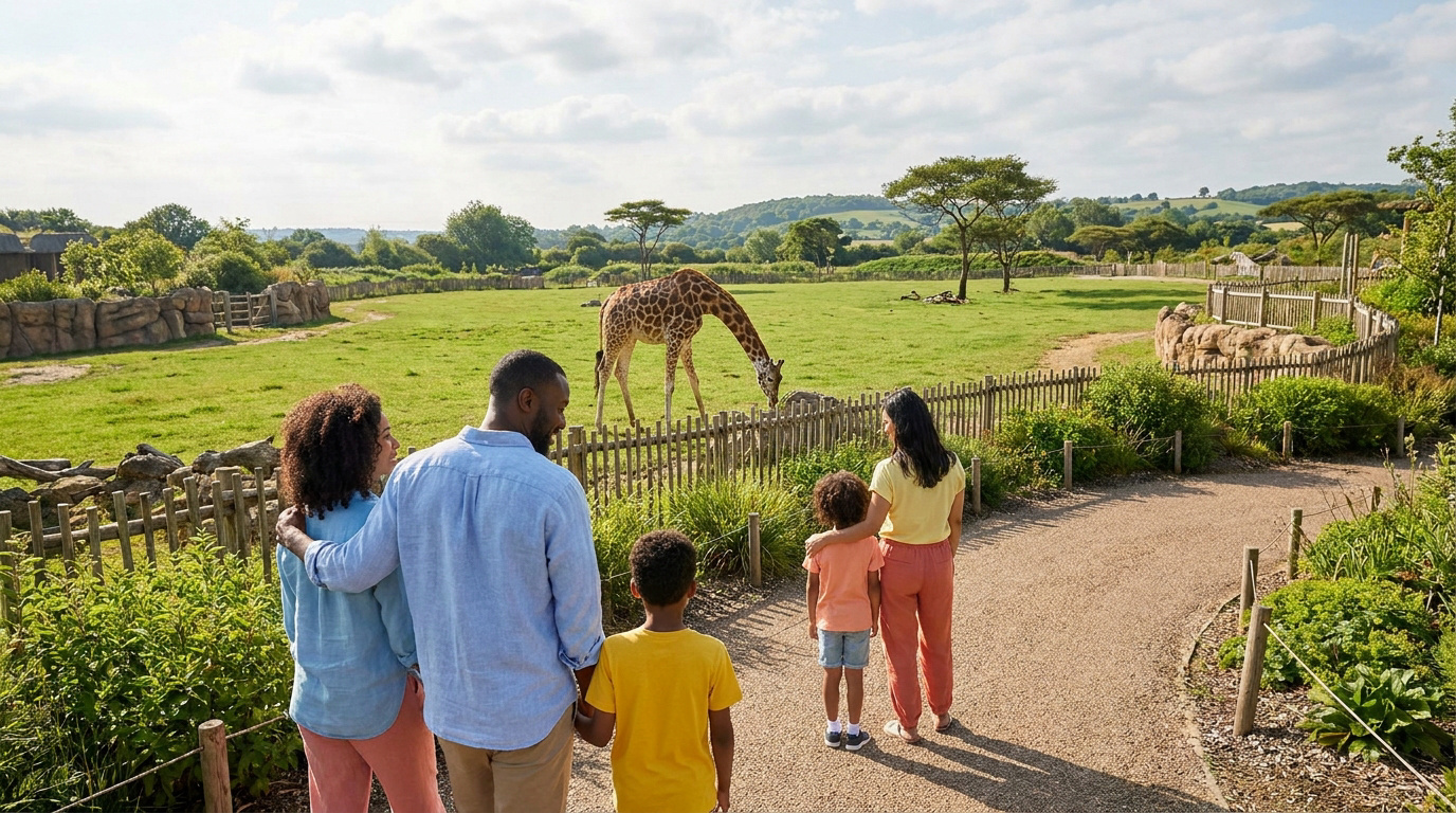 Une famille observe une girafe dans un enclos verdoyant au sein d'un parc animalier ensoleillé.