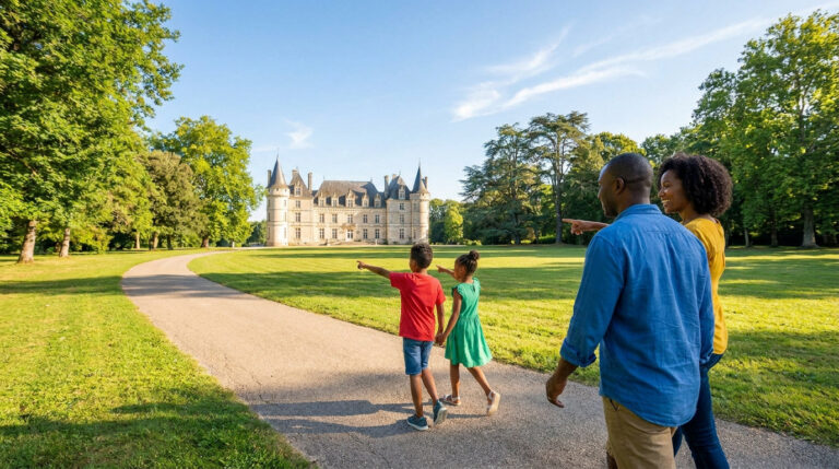 Une famille marche sur un chemin et pointe du doigt un grand château français entouré d'un parc verdoyant.