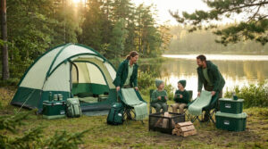 Famille joyeuse installant son campement avec une tente, des chaises et des boîtes de rangement au bord d'un lac.