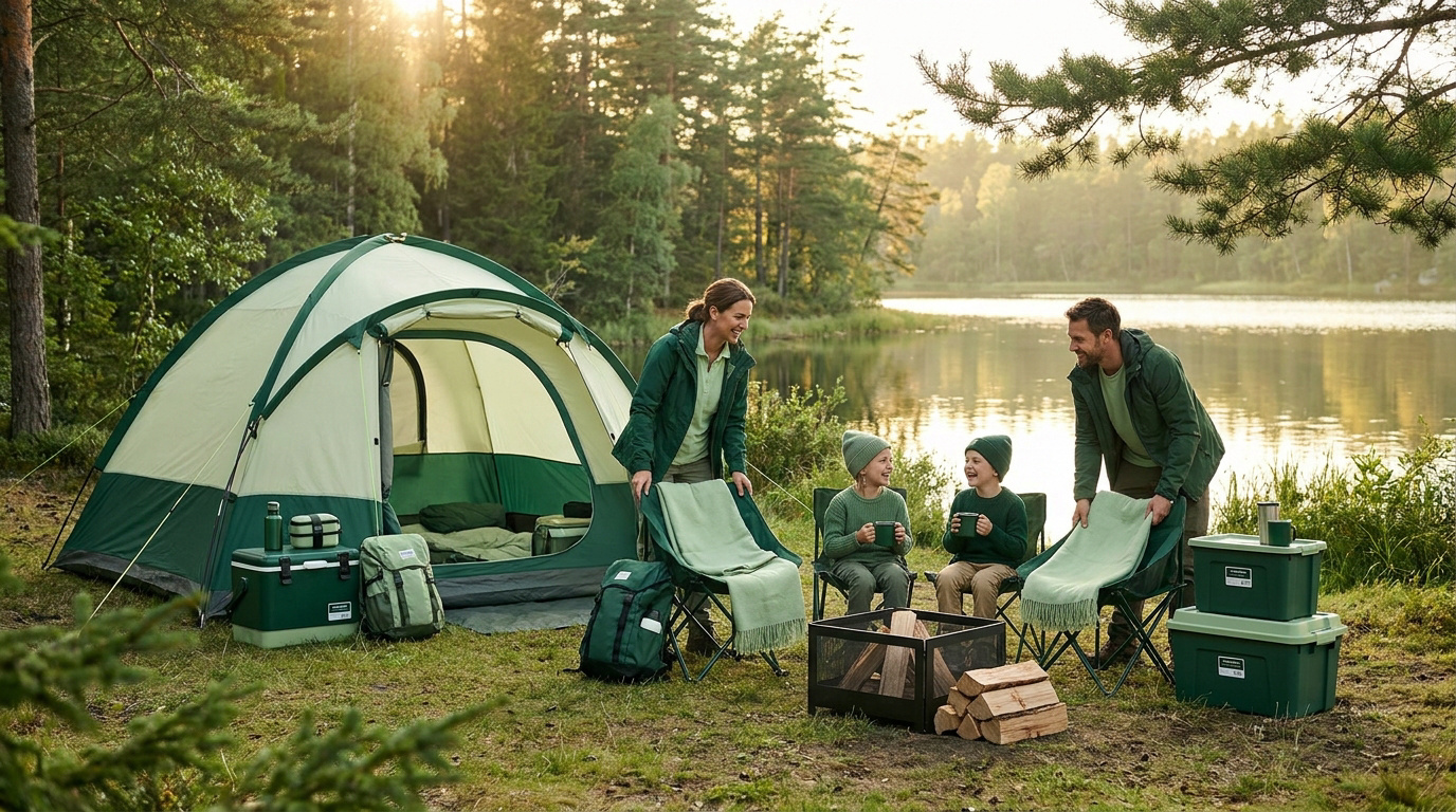 Famille joyeuse installant son campement avec une tente, des chaises et des boîtes de rangement au bord d'un lac.
