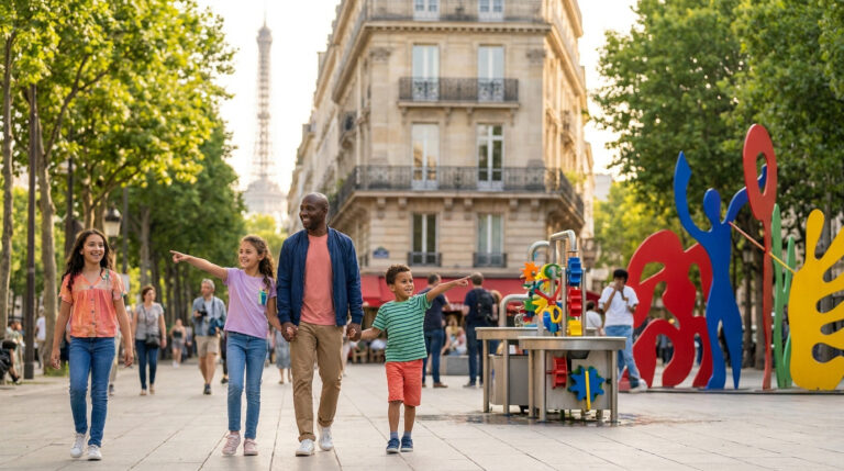 Une famille heureuse se promène dans une rue de Paris avec la tour Eiffel en arrière-plan et une sculpture colorée.
