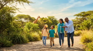 Une famille souriante marche dans un parc animalier en regardant une girafe au loin par une journée ensoleillée.