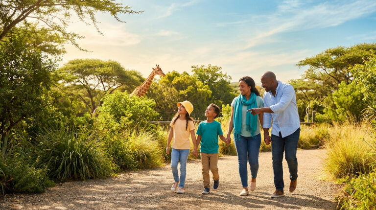 Une famille souriante marche dans un parc animalier en regardant une girafe au loin par une journée ensoleillée.