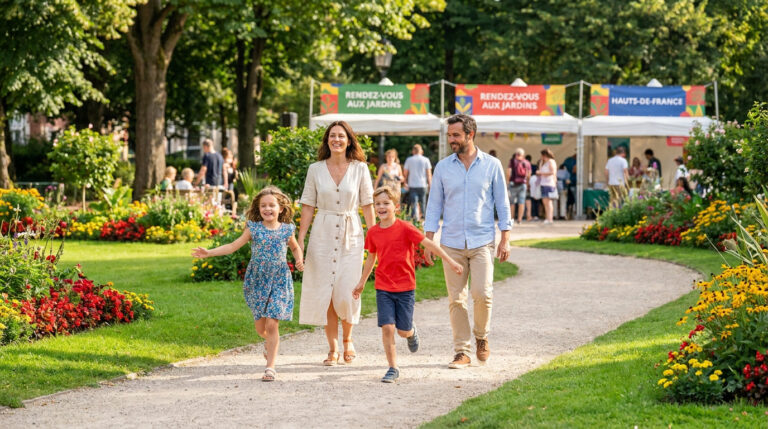 Une famille souriante marche dans un jardin public fleuri près de stands pour l'événement Rendez-vous aux Jardins.