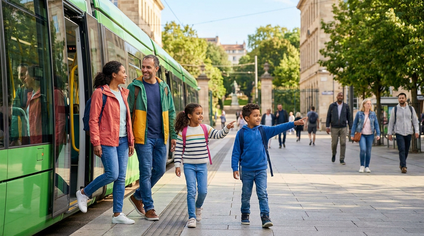 Une famille descend du tramway dans une rue animée et les enfants pointent le doigt vers une destination.