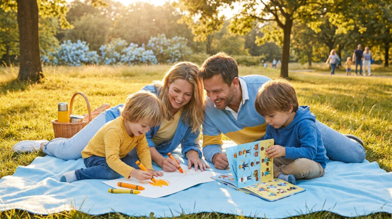 Famille avec deux enfants dessinant et lisant sur une couverture bleue dans un parc ensoleillé.
