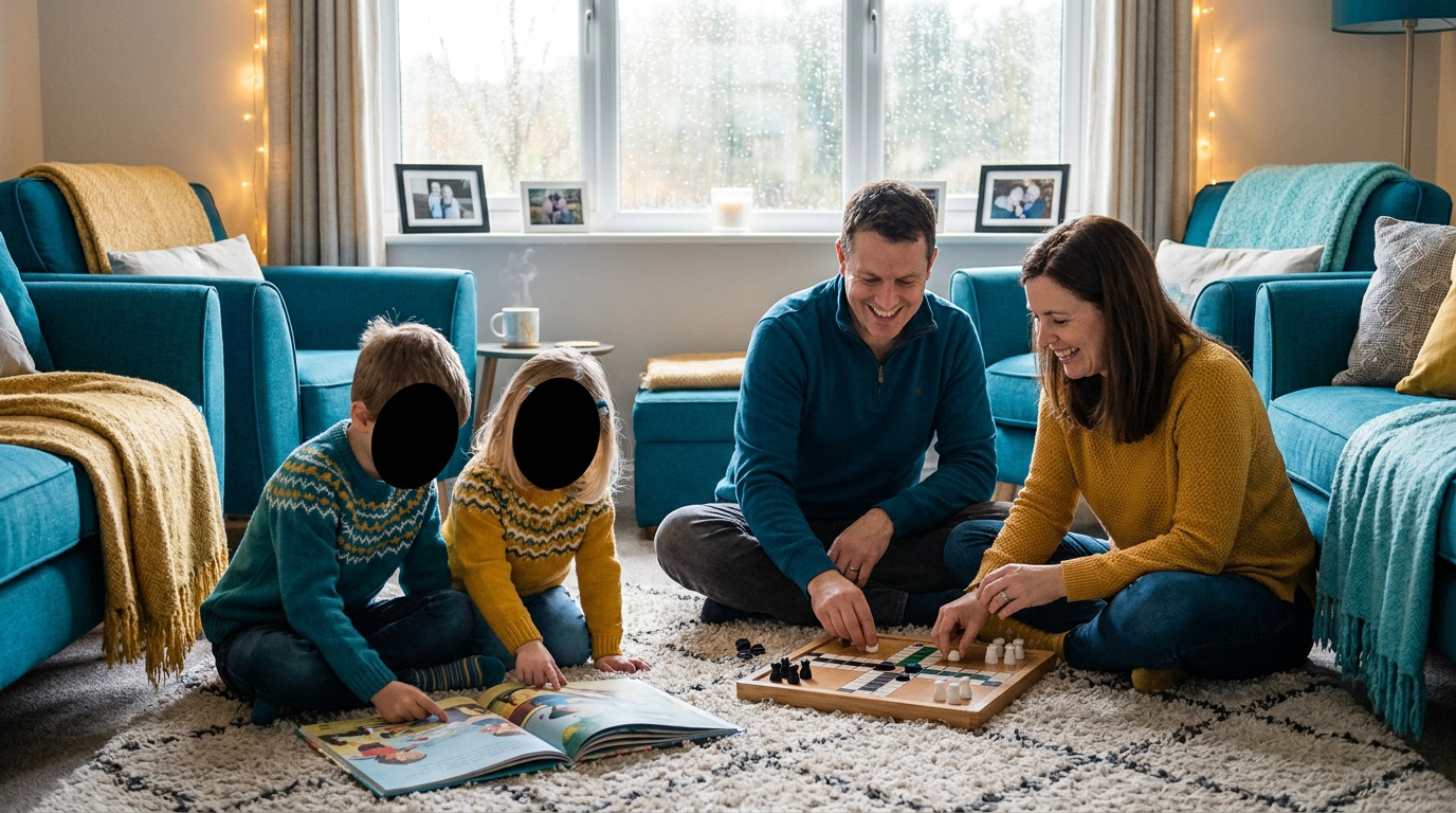 Famille assise sur un tapis jouant à un jeu de société et lisant un livre dans un salon chaleureux.