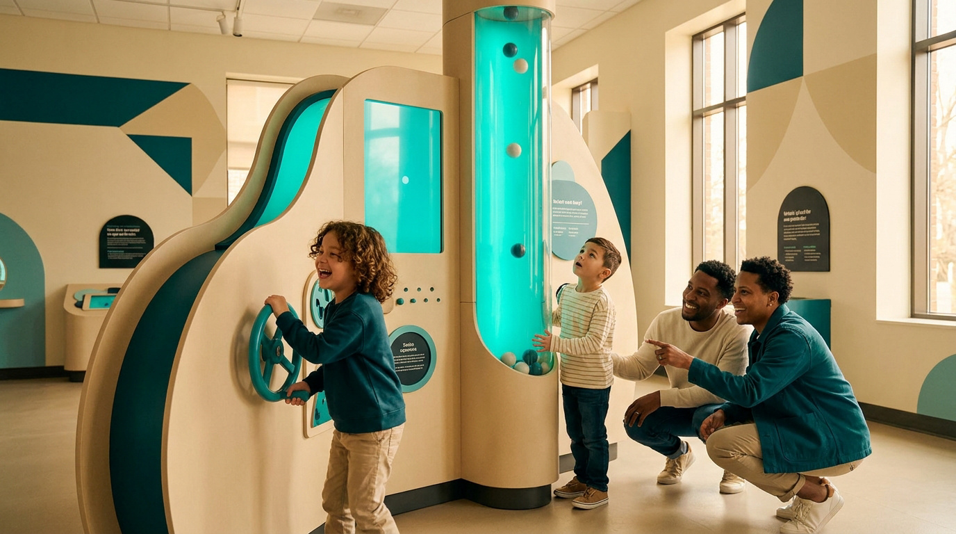 Une famille joue avec une installation interactive lumineuse dans un musée pour enfants moderne.