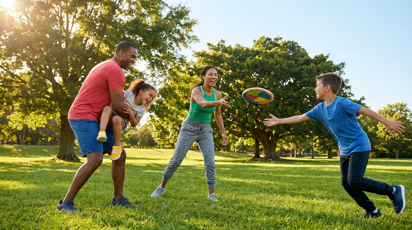 Famille heureuse jouant au frisbee dans un parc ensoleillé