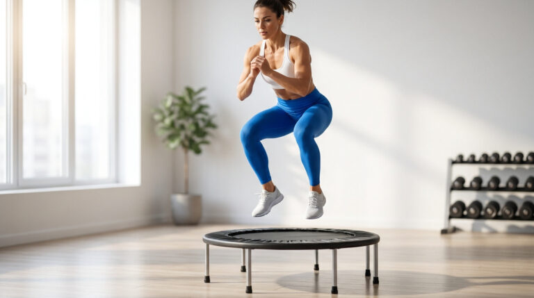 Femme athlétique faisant un saut sur un mini-trampoline dans un studio lumineux.