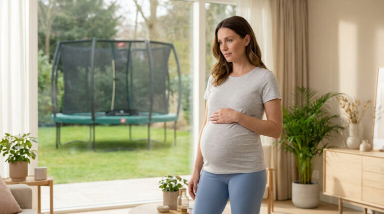 Une femme enceinte regarde par la fenêtre un trampoline situé dans son jardin.