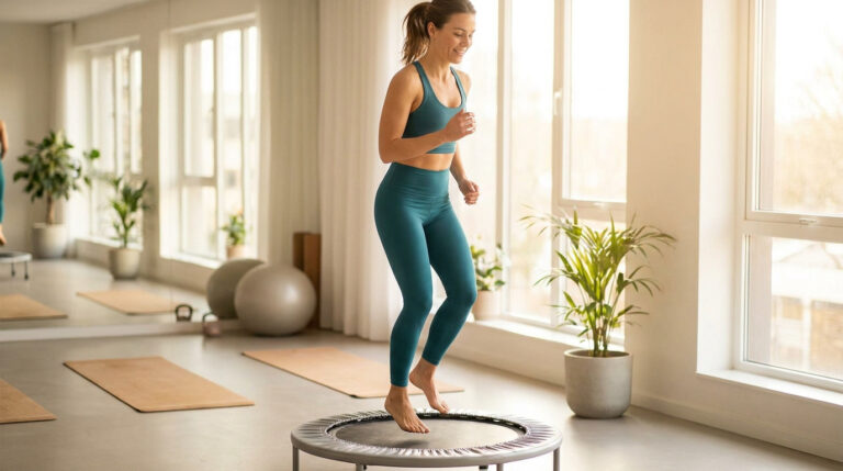 Une femme souriante en tenue de sport s'entraîne sur un mini trampoline dans un studio lumineux et épuré.