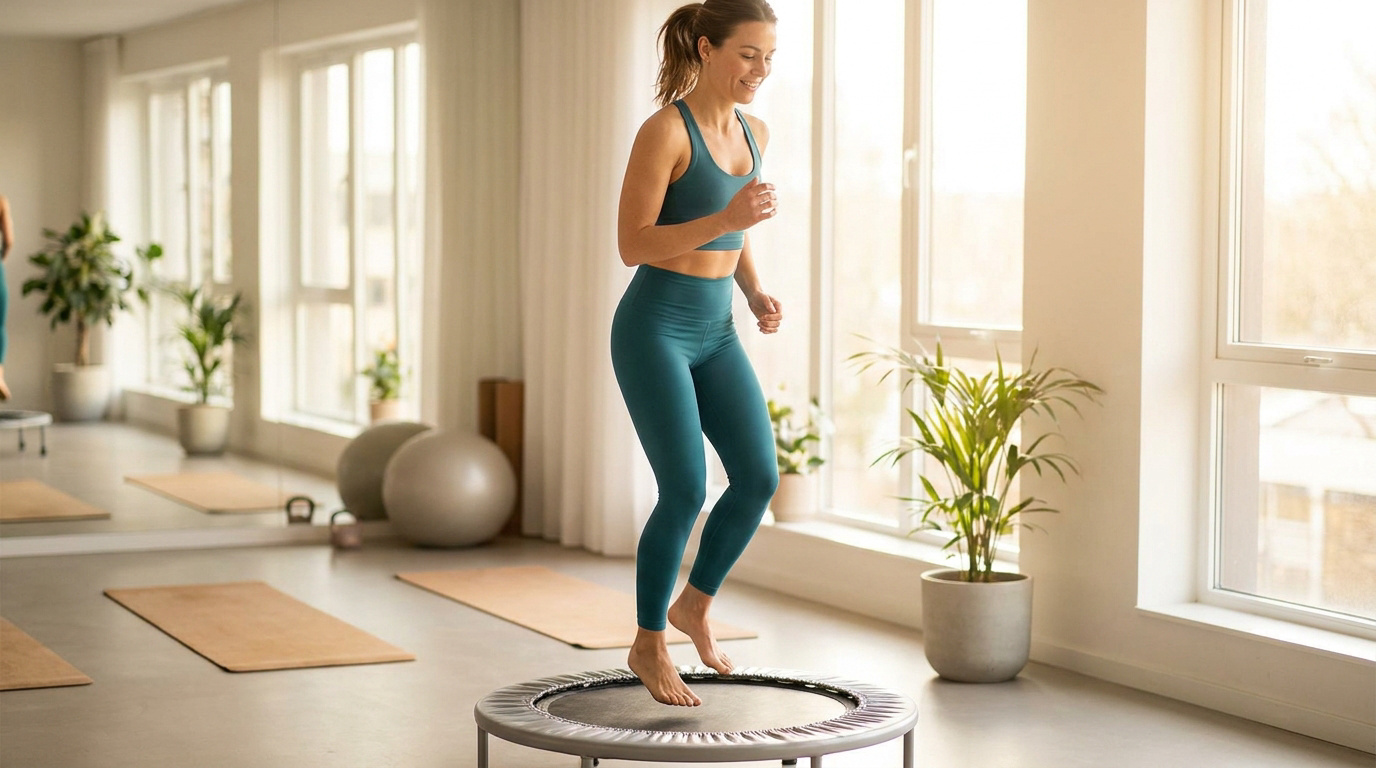 Une femme souriante en tenue de sport s'entraîne sur un mini trampoline dans un studio lumineux et épuré.