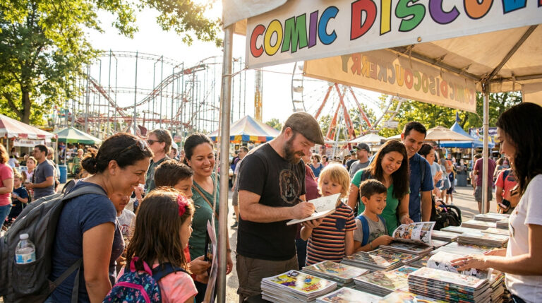 Un auteur dédicace des bandes dessinées à des enfants lors d'un festival au parc de Monteux sous un stand ensoleillé.
