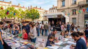 Une place animée avec des tables de dédicaces, des familles dessinant et une scène de spectacle en extérieur.