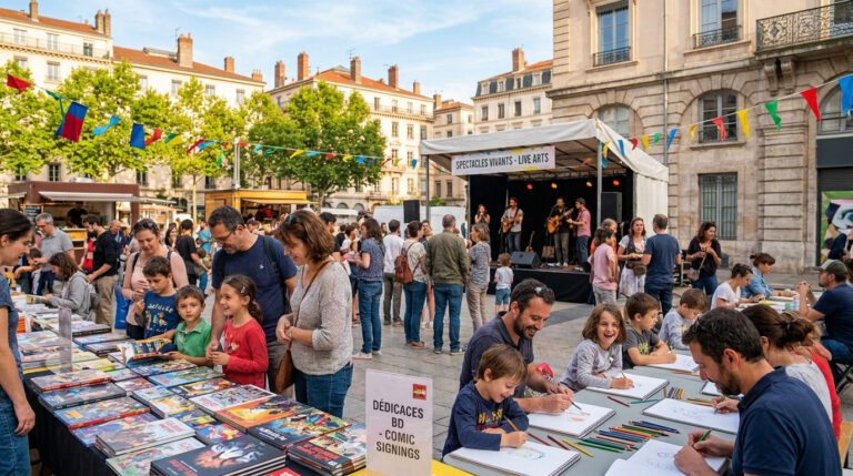 Une place animée avec des tables de dédicaces, des familles dessinant et une scène de spectacle en extérieur.