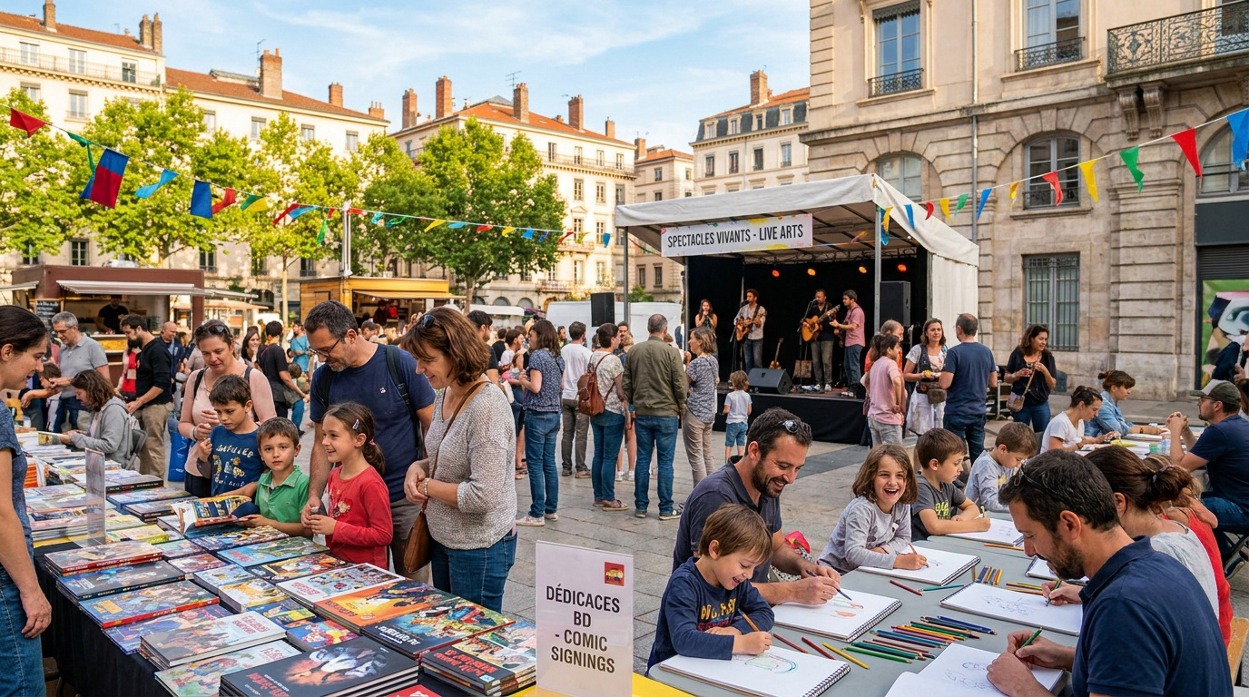 Une place animée avec des tables de dédicaces, des familles dessinant et une scène de spectacle en extérieur.