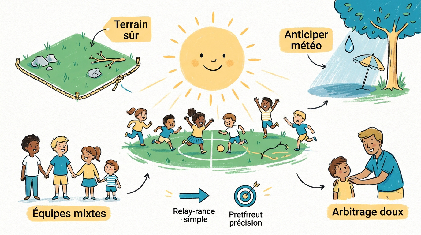 Enfants participant à des épreuves de mini olympiades dans un jardin