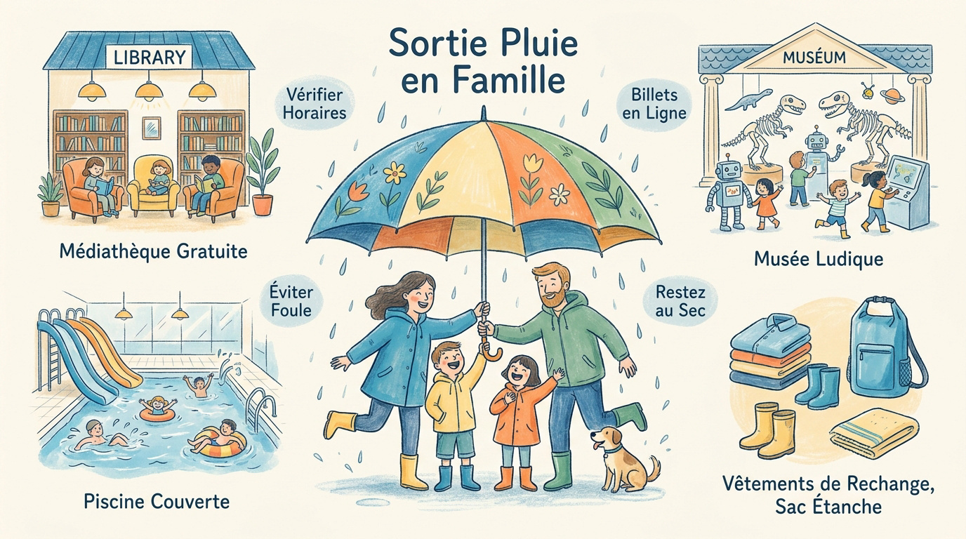 famille s'équipant pour une sortie sous la pluie
