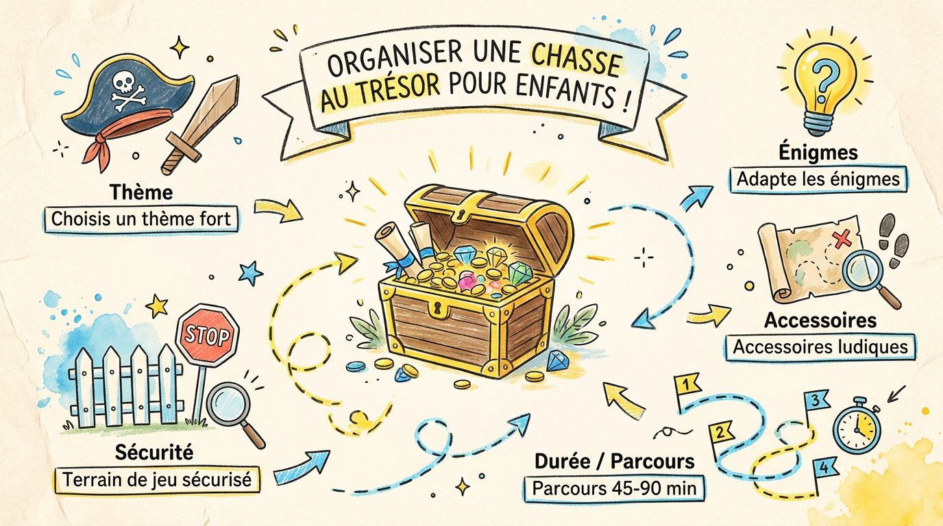 Infographie résumant les étapes clés pour organiser une chasse au trésor pour enfants en toute sécurité