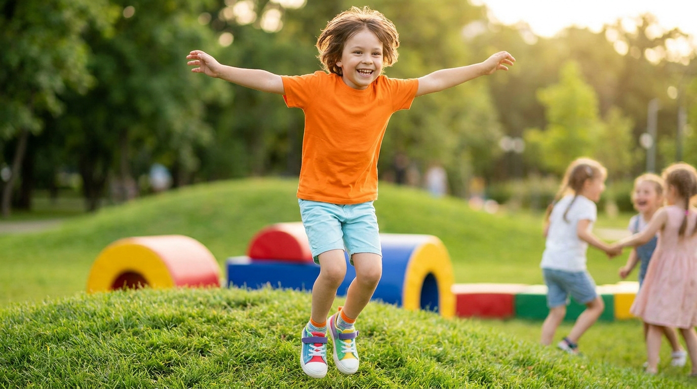 Un petit garçon joyeux saute dans l'herbe avec des modules de jeux colorés en arrière-plan.
