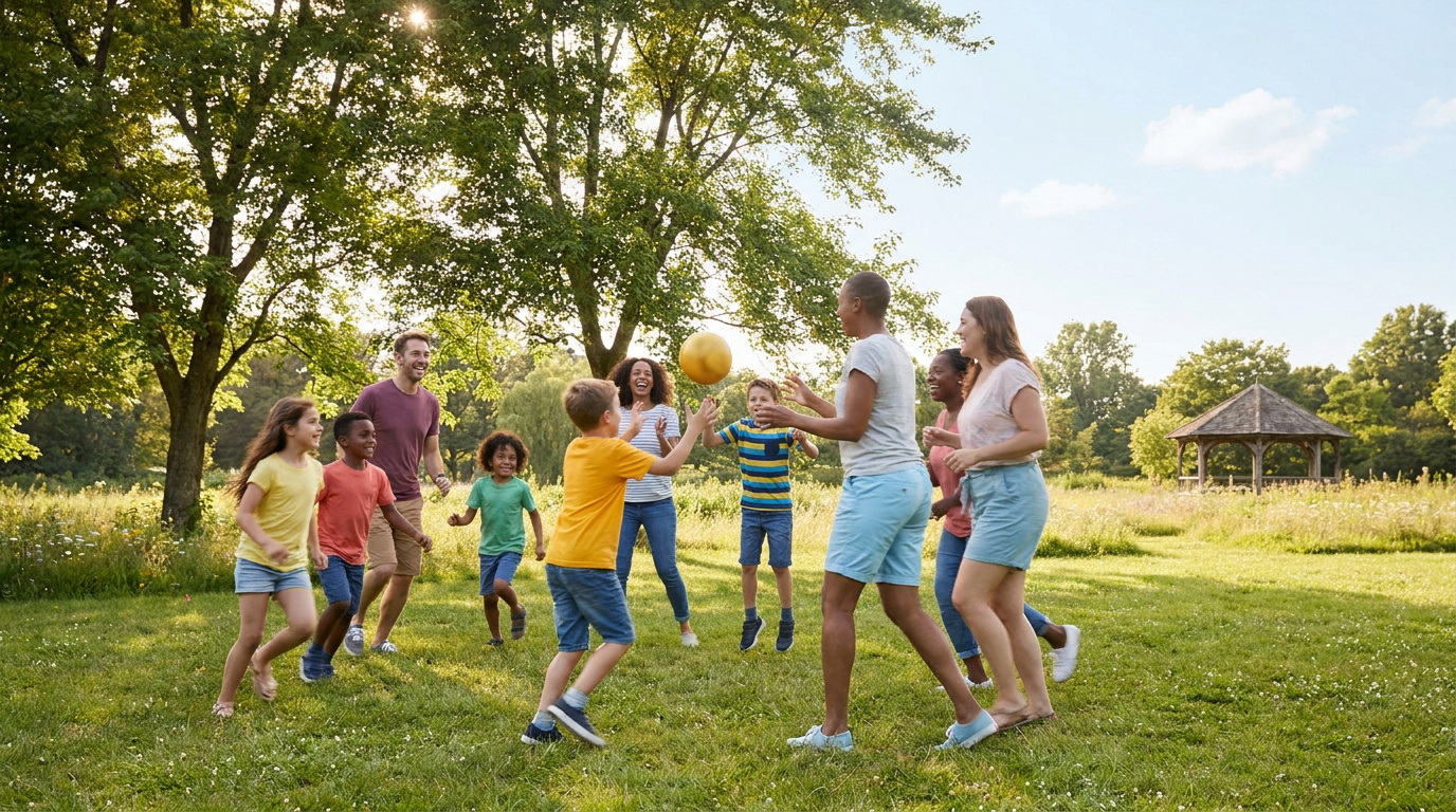 Un groupe diversifié d'adultes et d'enfants jouant avec un ballon jaune dans un parc ensoleillé.