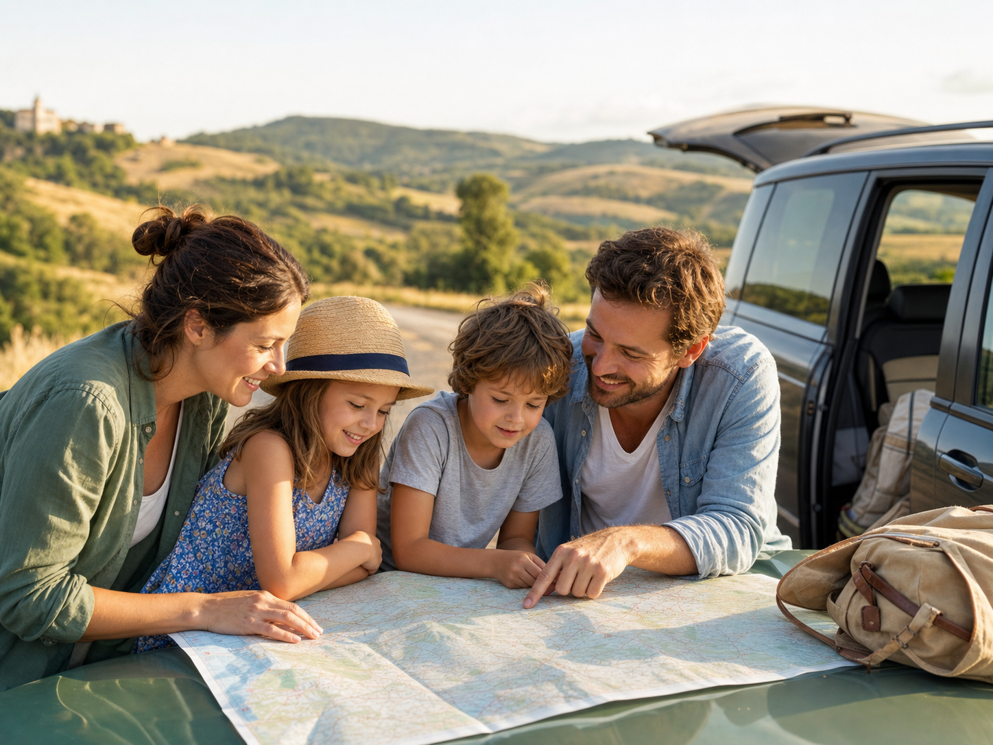 Famille préparant un voyage en France
