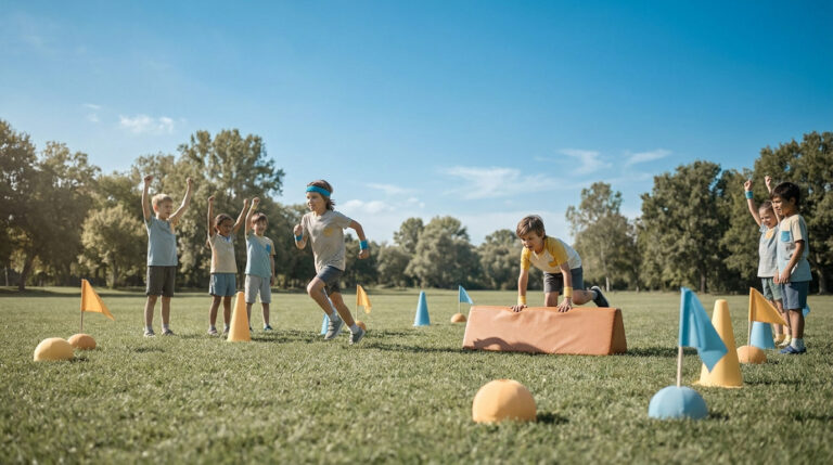 Groupe d'enfants participant à une course d'obstacles sportive dans un parc ensoleillé avec des cônes et des drapeaux.