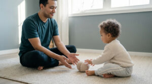 Un père assis sur un tapis joue doucement au ballon avec son jeune enfant.