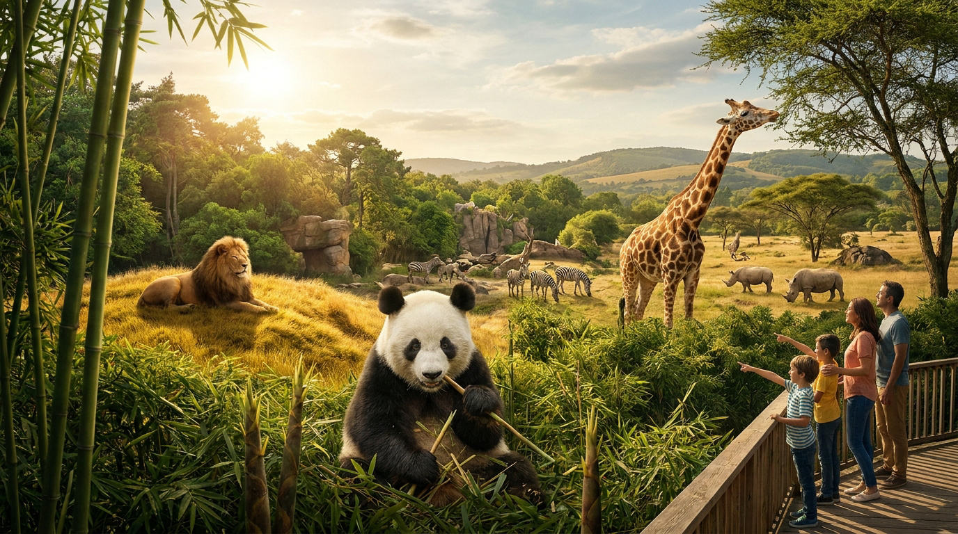 Une famille observe des animaux sauvages, dont un panda et une girafe, depuis une plateforme en bois dans un parc.