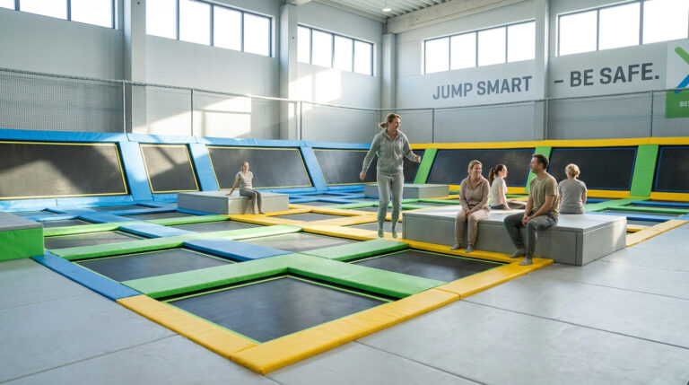 Groupe de personnes dans un parc de trampolines intérieur avec le slogan « Jump smart - be safe » sur le mur.