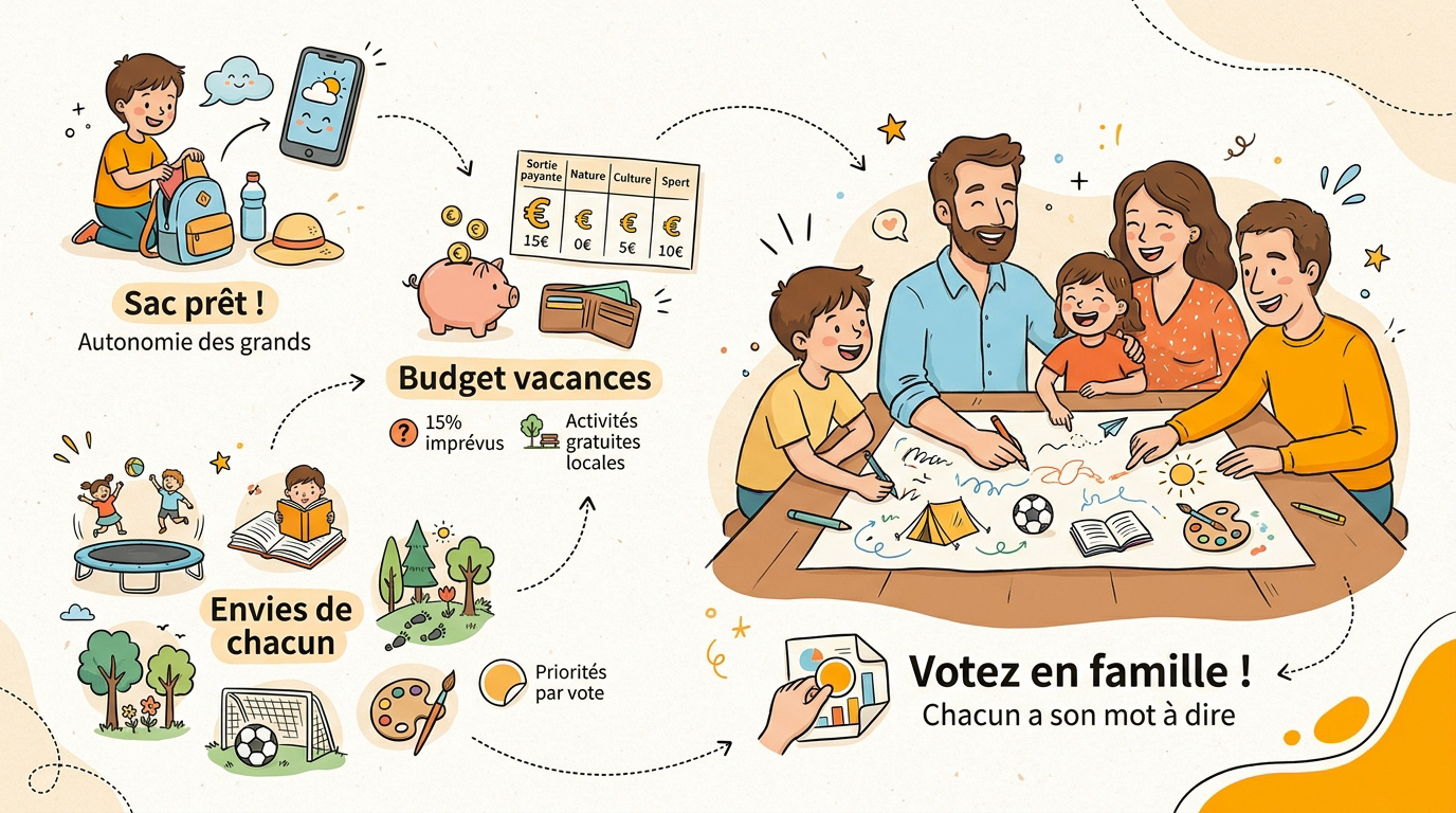 Parents et enfants planifiant ensemble les activités des vacances scolaires