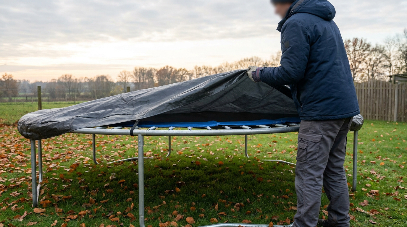Un homme habillé chaudement installe une bâche de protection noire sur un trampoline dans un jardin en automne.