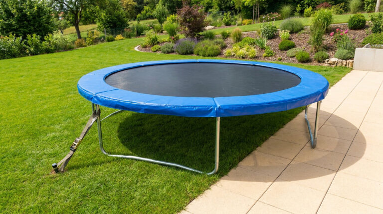 Trampoline bleu installé sur une pelouse verte dans un jardin paysager avec un système d'ancrage visible.