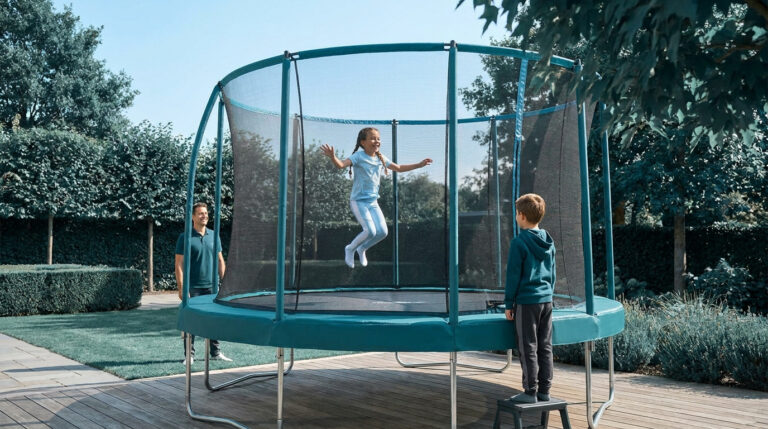 Une jeune fille saute sur un trampoline dans un jardin sous la surveillance de son père et d'un autre enfant.