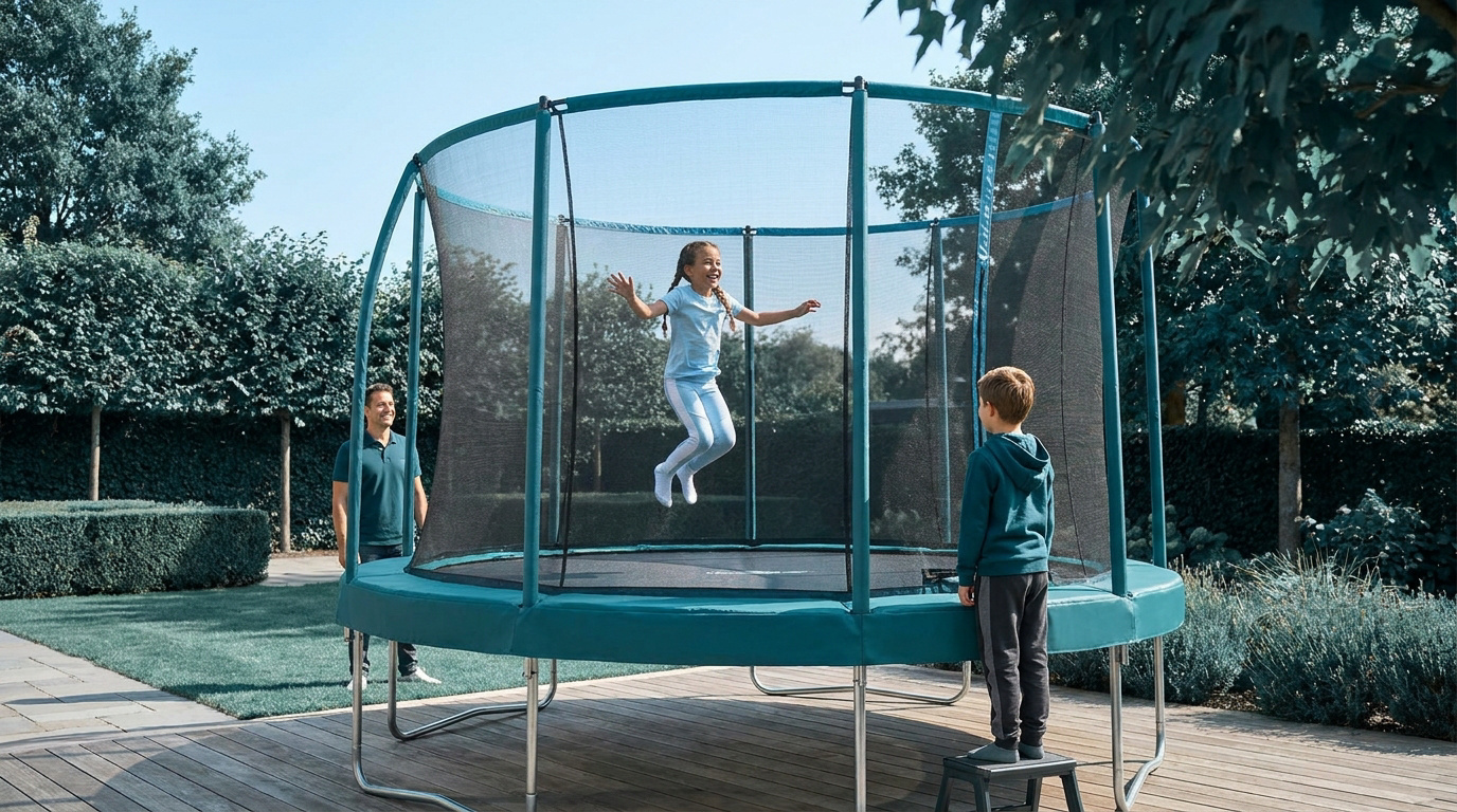 Une jeune fille saute sur un trampoline dans un jardin sous la surveillance de son père et d'un autre enfant.