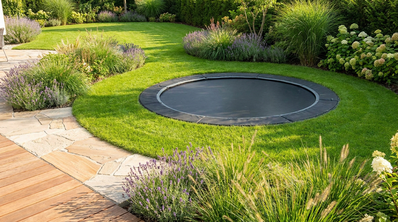 Trampoline enterré au ras du sol au milieu d'une pelouse entourée de lavandes et de plantes ornementales.