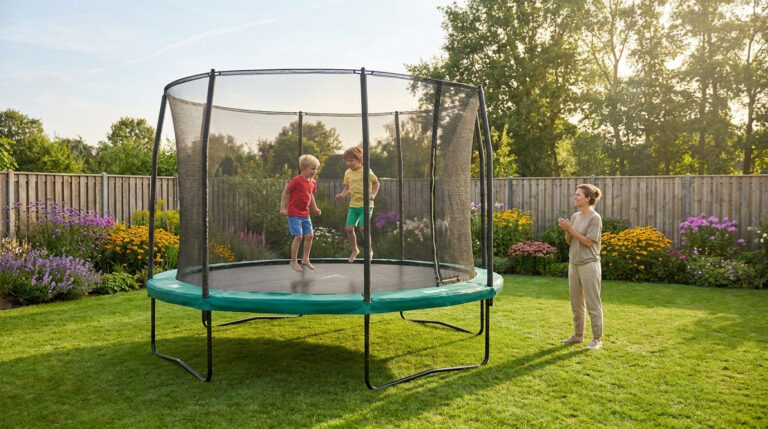 Deux enfants sautent sur un trampoline sécurisé dans un jardin sous le regard bienveillant d'une femme.