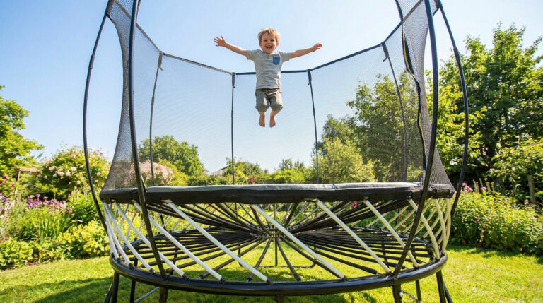 Un petit garçon joyeux saute en l'air sur un trampoline de jardin moderne sans ressorts dans un parc ensoleillé.