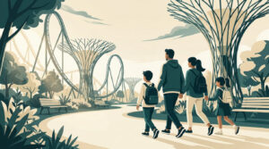 Une famille de quatre personnes se promène dans un parc moderne avec des montagnes russes et des structures futuristes.