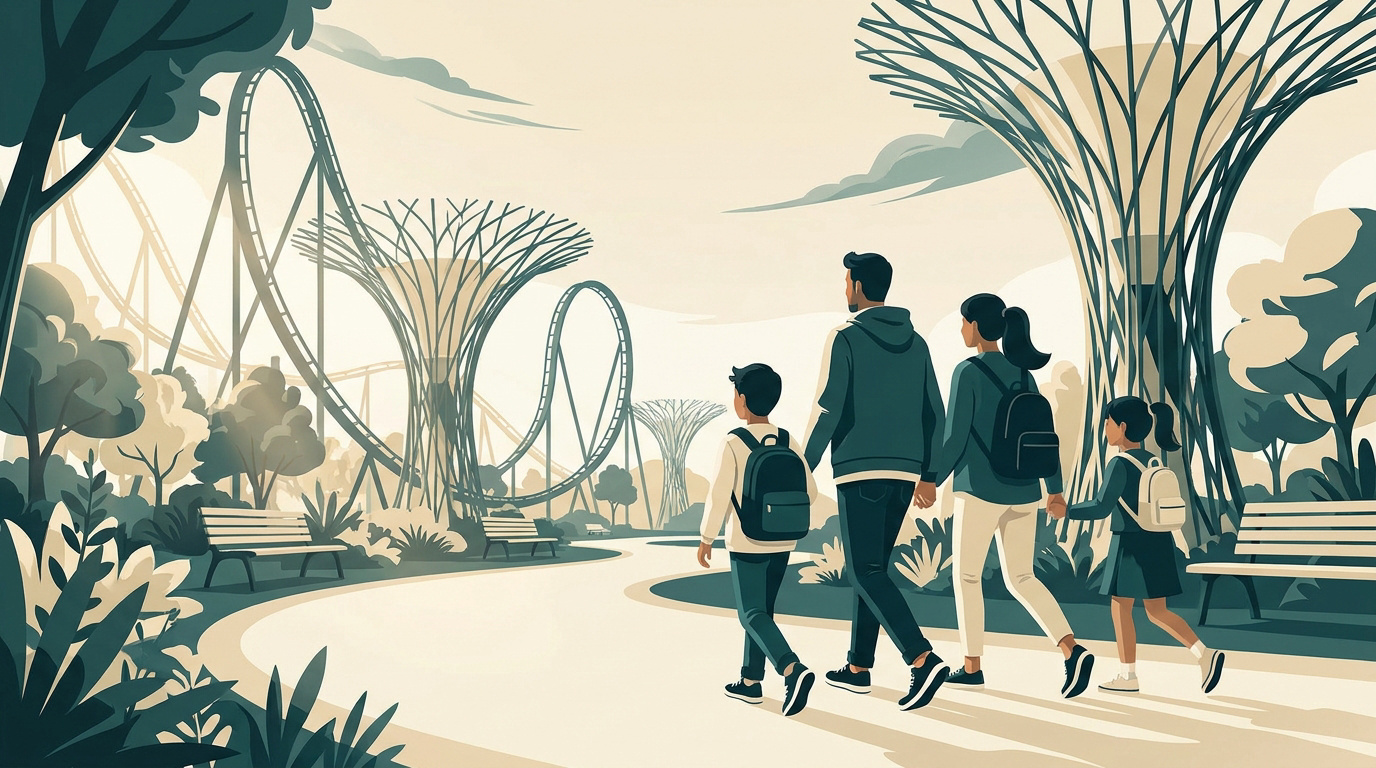Une famille de quatre personnes se promène dans un parc moderne avec des montagnes russes et des structures futuristes.