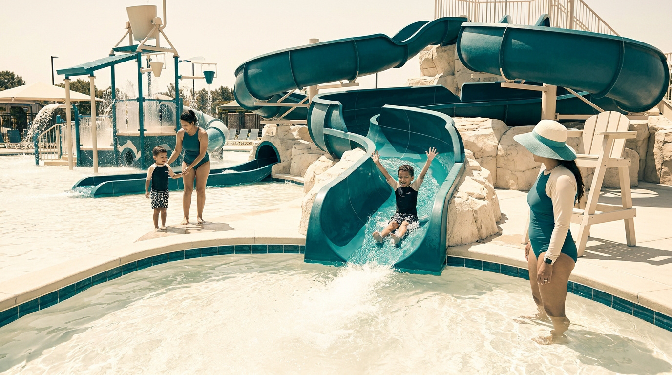 Mère et enfants s'amusent dans un parc aquatique avec des toboggans et une structure de jeux.