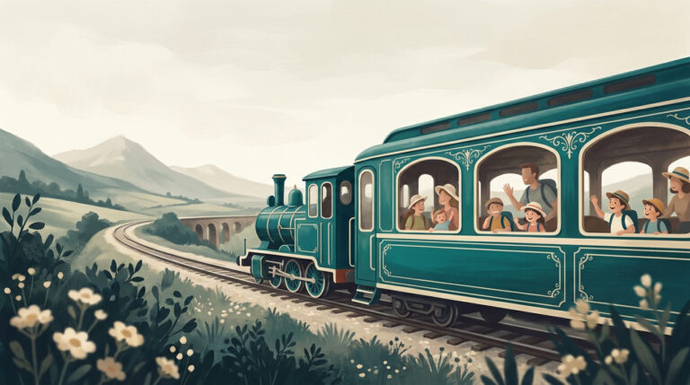 Illustration d'un train vintage vert traversant un paysage de montagne avec des enfants joyeux saluant par la fenêtre.